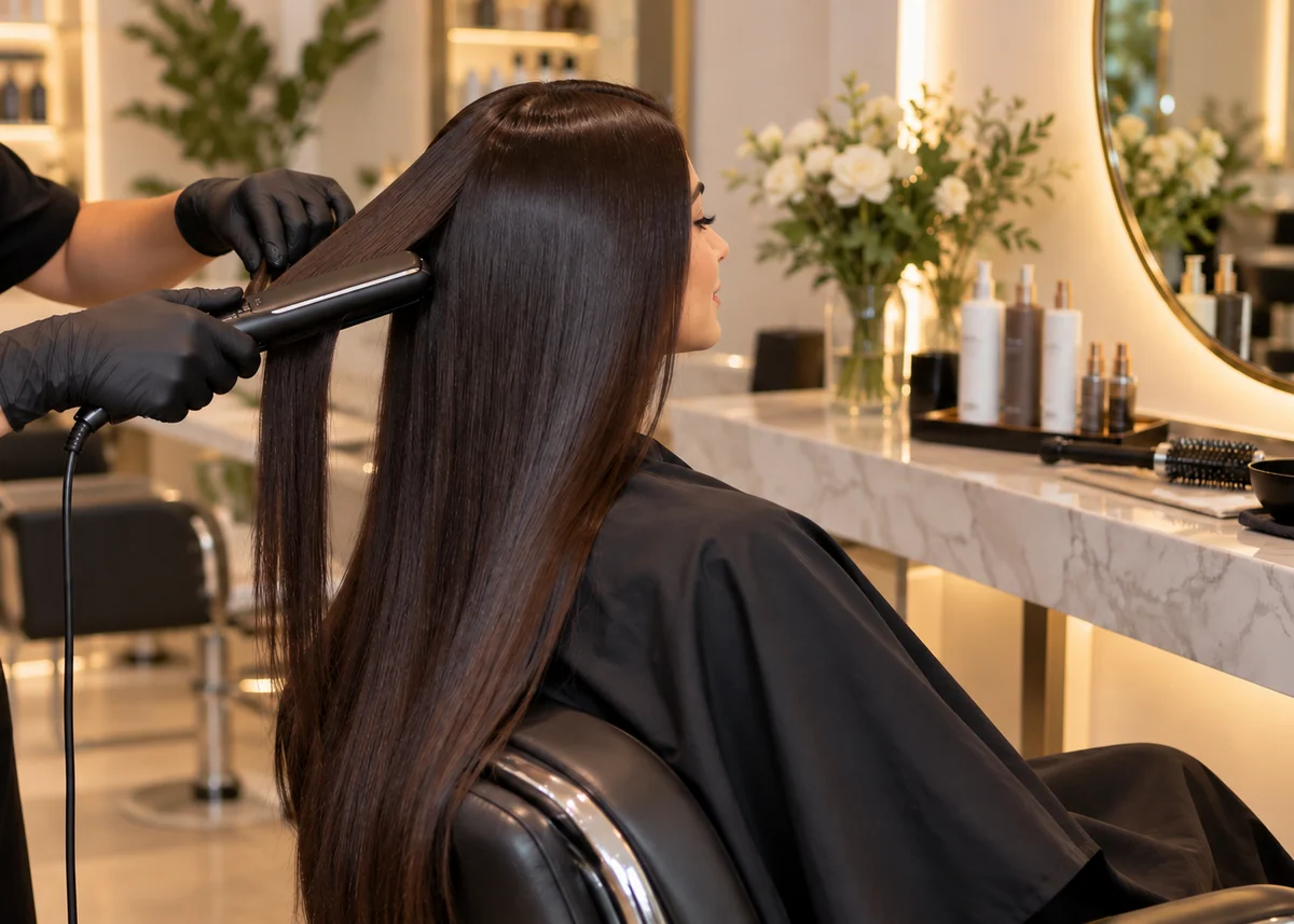 Clienta durante un alisado orgánico con cabello largo, liso y brillante