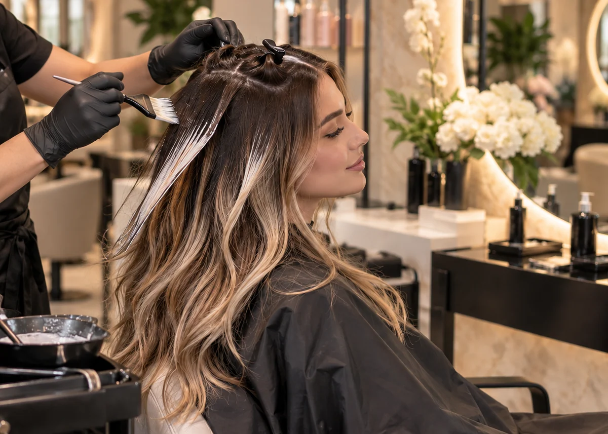 Clienta durante una aplicación profesional de balayage para crear iluminación natural