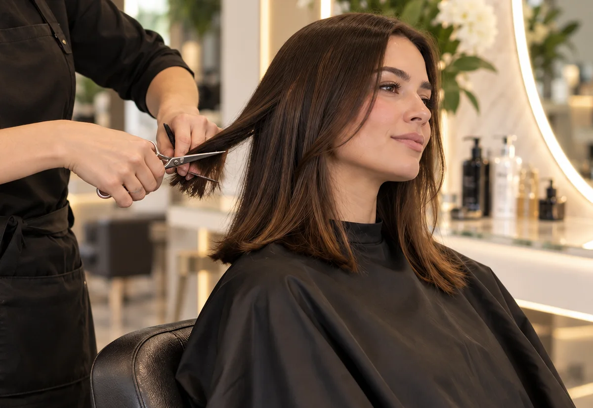 Clienta durante un corte de cabello femenino con tijeras en un salón profesional