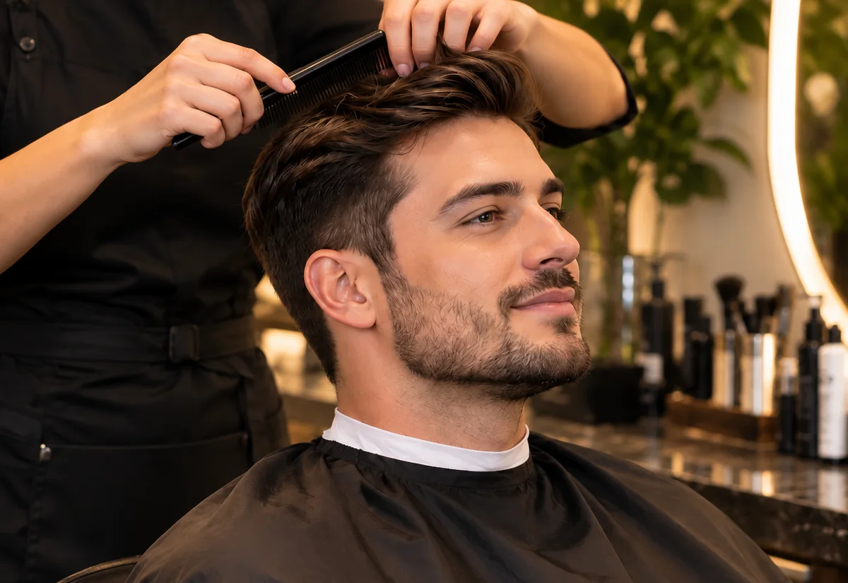 Cliente durante un corte de cabello masculino con peinado a peine en un salón profesional